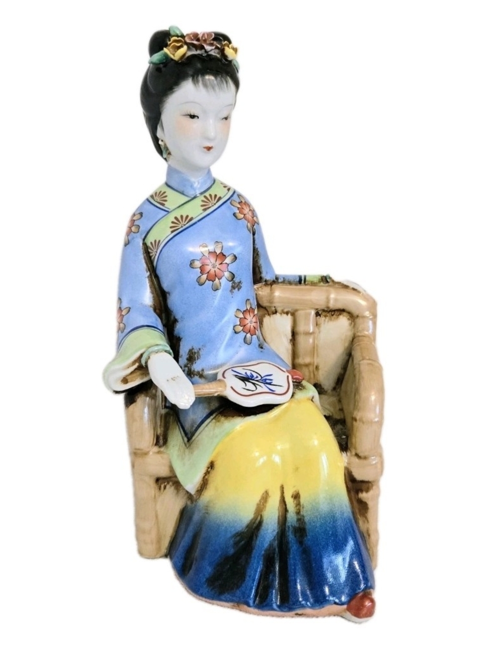 Vtg Shiwan Porcelain Figurine Lady Sitting Fan Chinese Blue Yellow Eastern READ